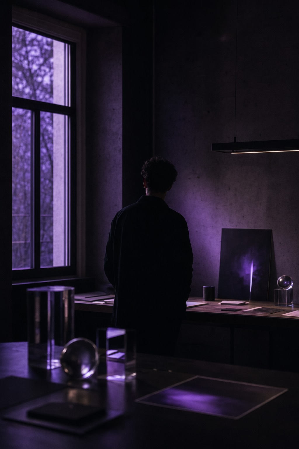 A minimal creative studio at dusk, violet light across dark surfaces