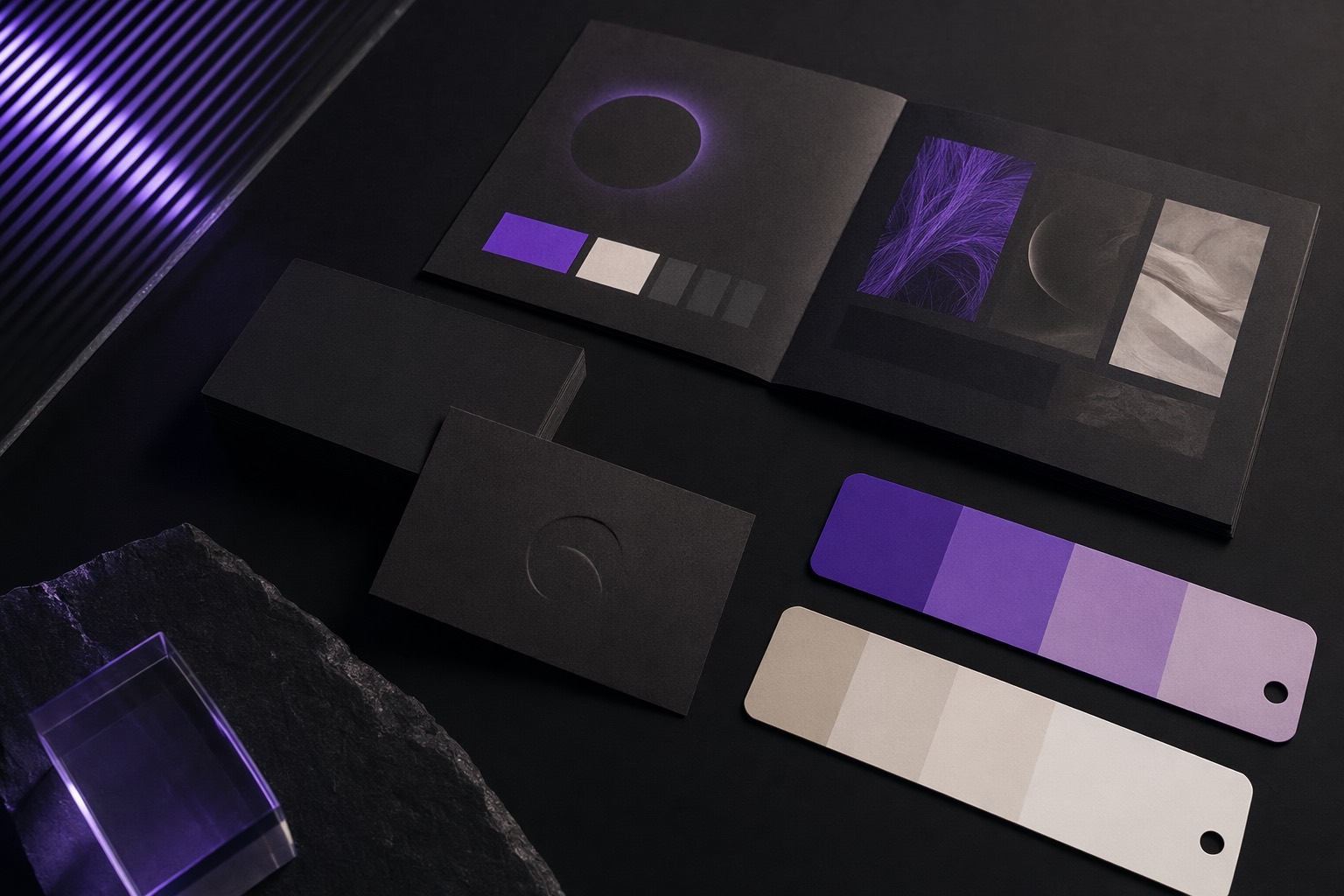 A brand identity system laid out on a dark surface — cards, guidelines and colour chips