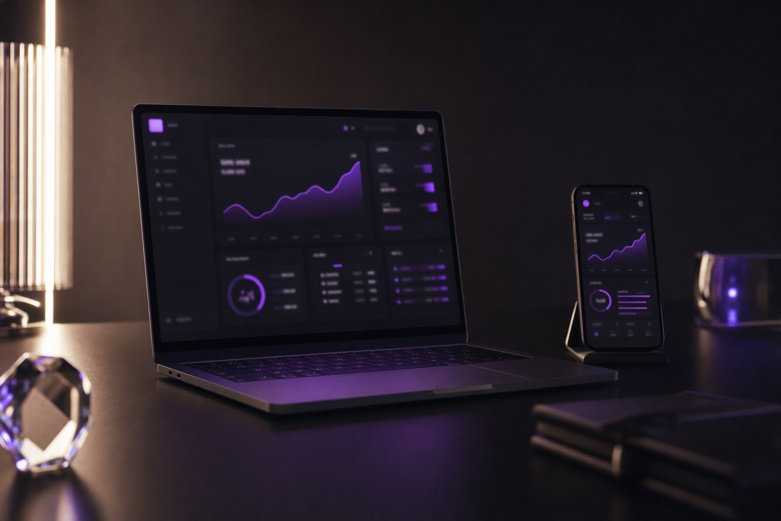 A laptop and phone showing a dark analytics dashboard with violet highlights
