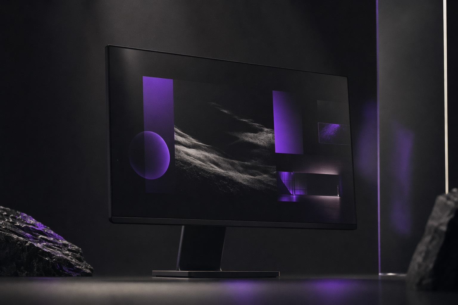 A monitor in a dark studio showing an abstract campaign landing page