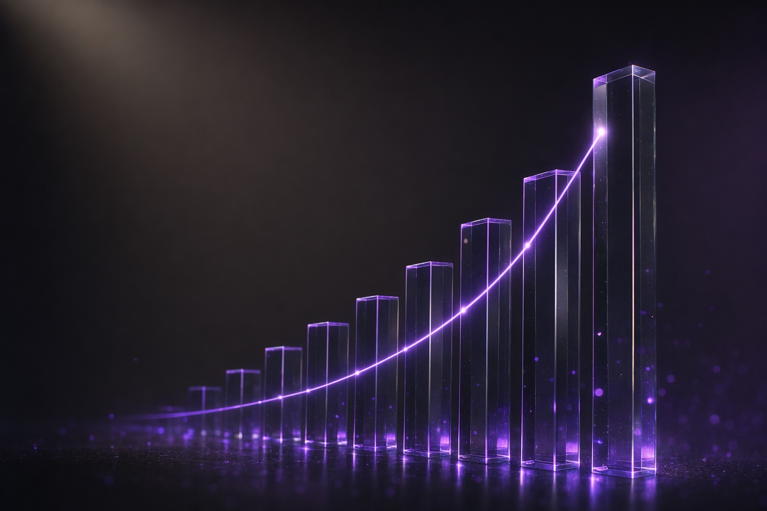 An abstract 3D visual of rising glass bars and an ascending line glowing violet