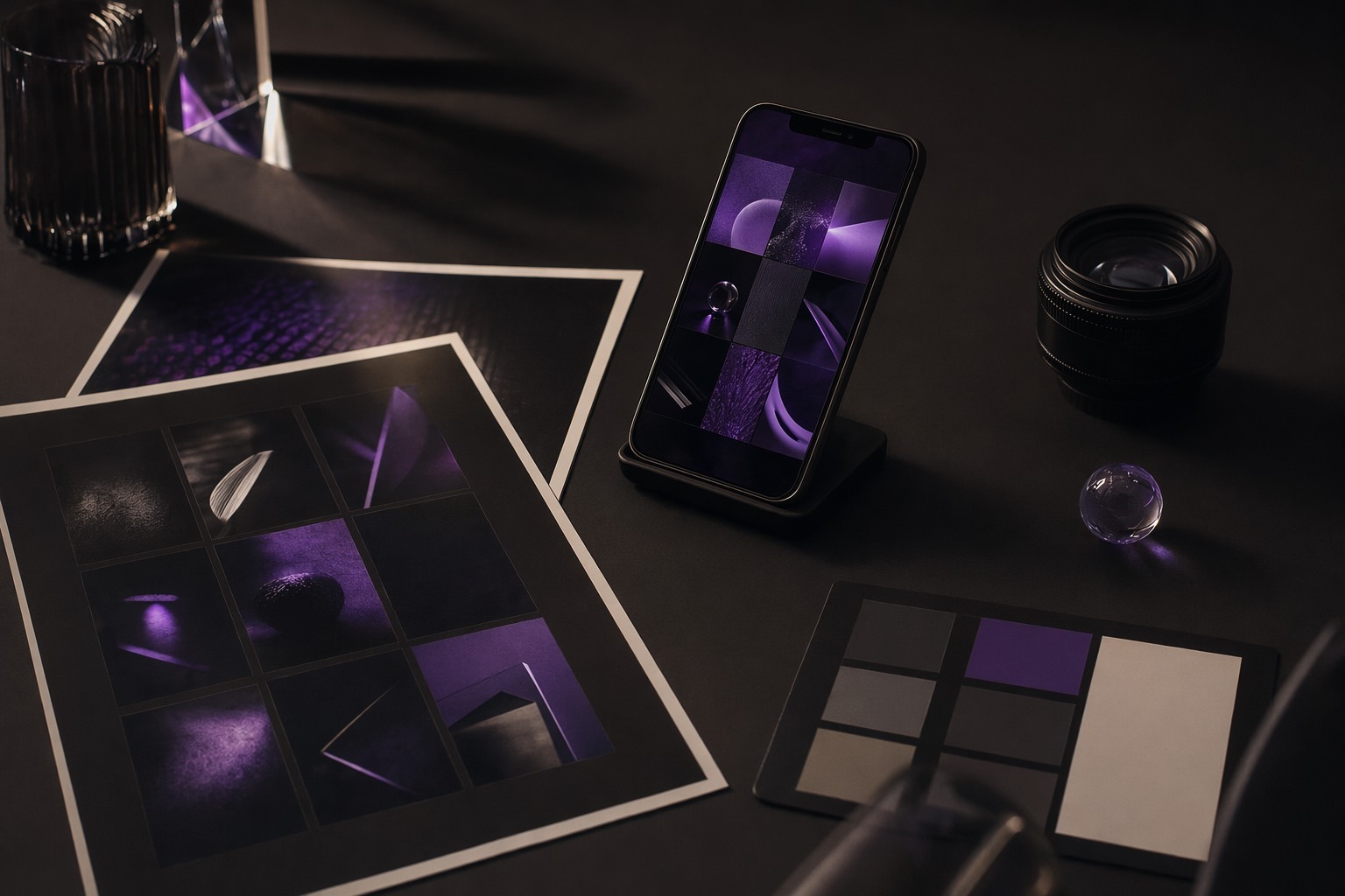 A social content shoot flat-lay — phone showing a violet-toned feed grid, contact sheets and a lens