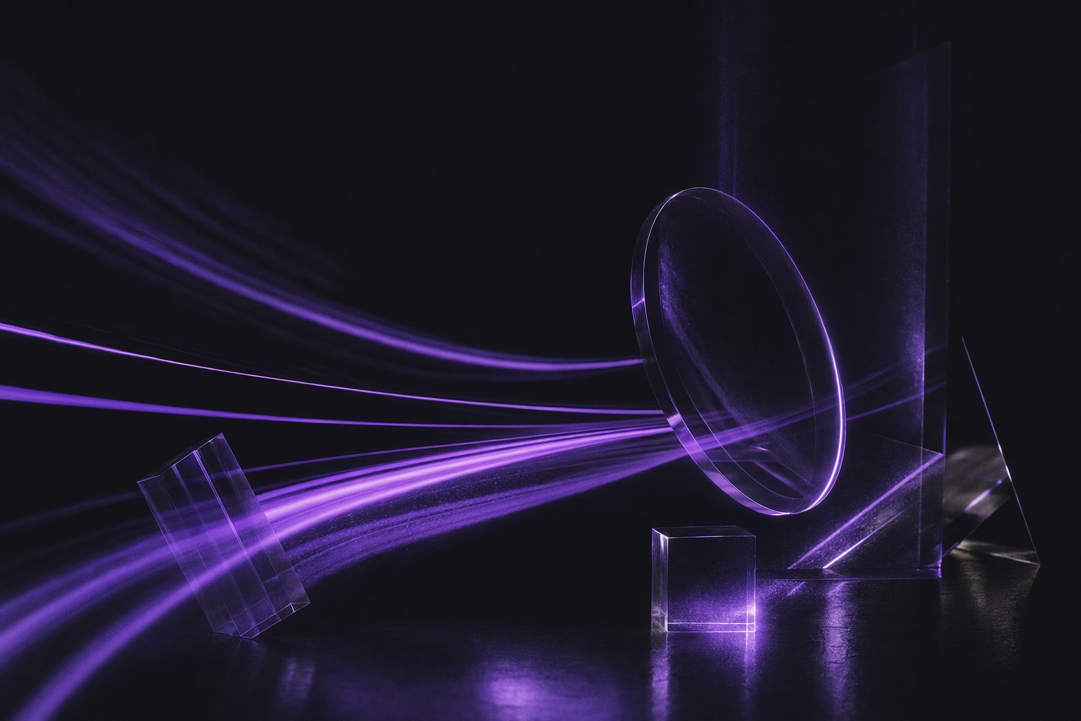 An abstract motion-design still — violet light trails streaking through a dark studio void