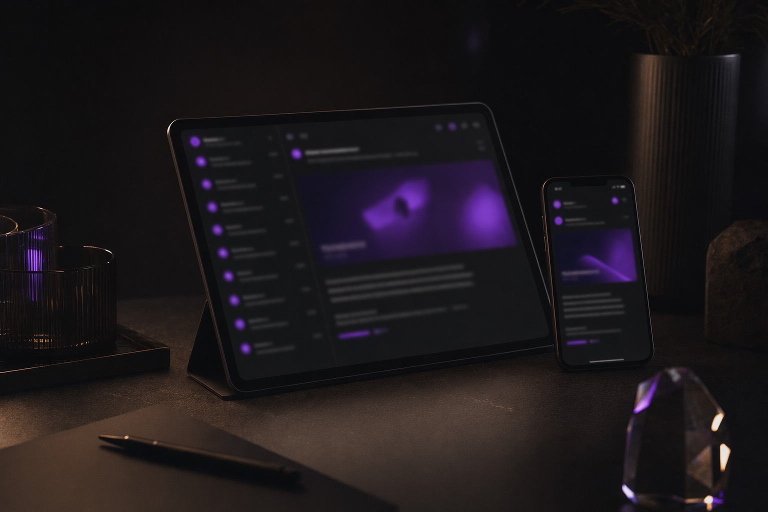 A tablet and phone on a dark desk showing a minimal dark-mode email layout with violet accents